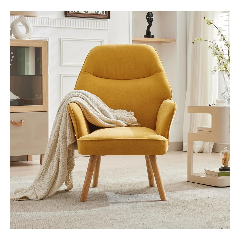 Warmiehomy Modern Velvet Armchair High Back Tub Occasional Chair with Solid Wood Legs for Living Room Bedroom Reception Contemporary (Yellow)