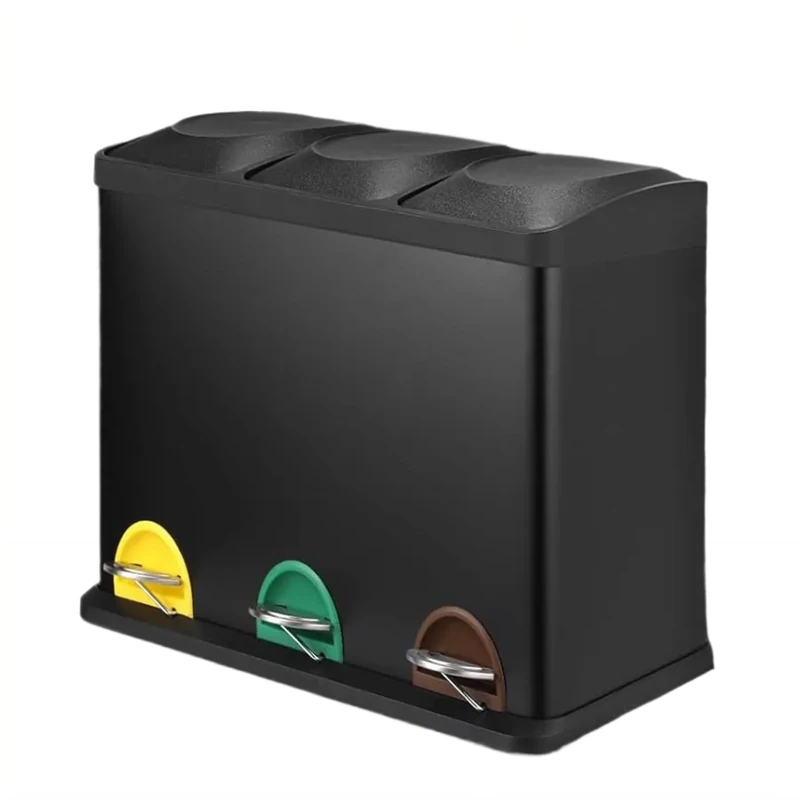 Clevich Trash Can 3 Compartments, 3 x 15 L Waste Separation System with Lid, 45 Litre Stainless Steel Pedal Bin, Removable Inner Bucket with Carry Handle, Waste Bin for Kitchen, Office, Black