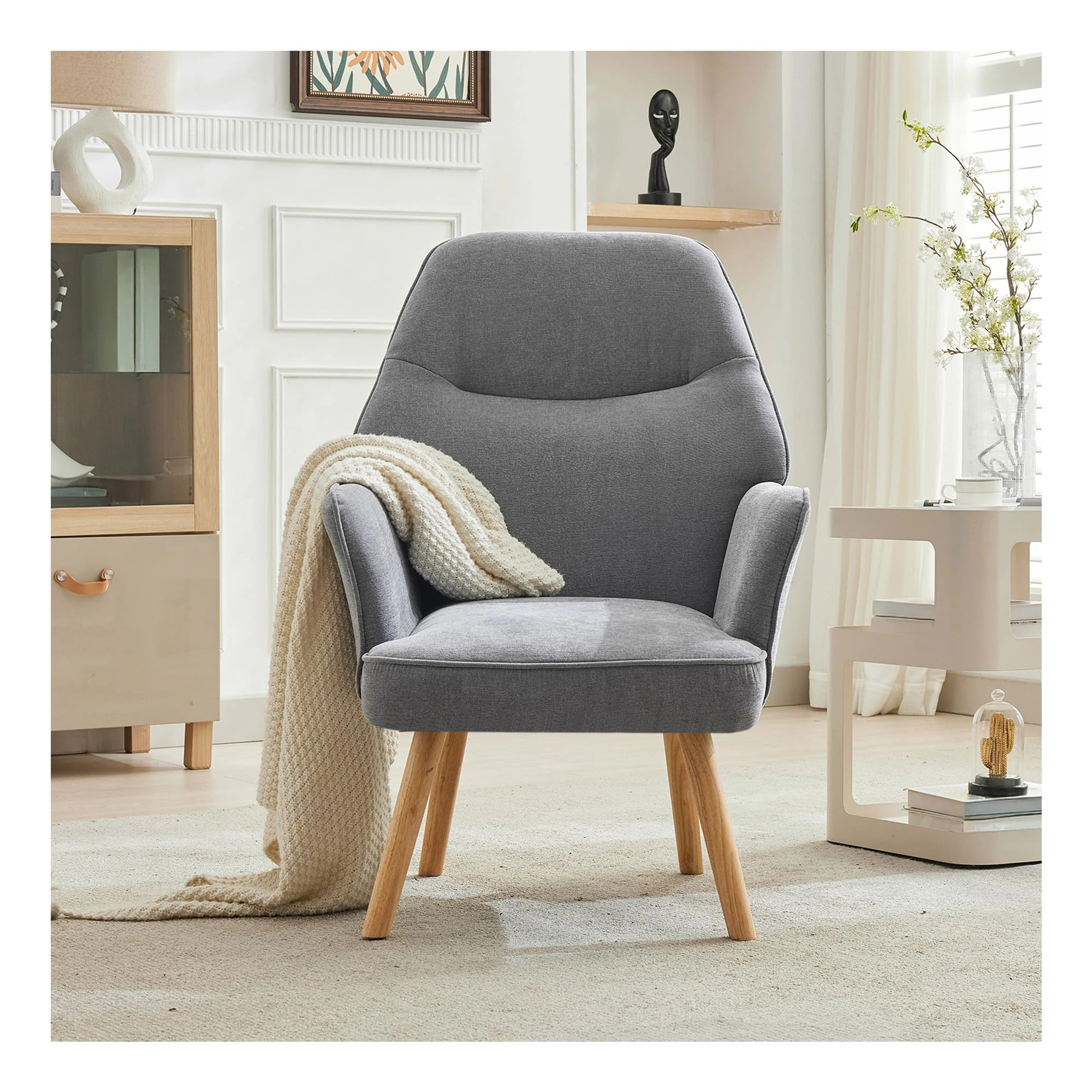 Warmiehomy Modern Velvet Armchair High Back Tub Occasional Chair with Solid Wood Legs for Living Room Bedroom Reception Contemporary (Grey)
