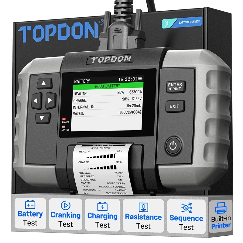TOPDON Car Battery Tester BT600 Plus, 6V/12V/24V Battery Tests, 100-2000 CCA, 12V/24V Cranking/Charging/System Test, Auto Alternator Tester with Built-in Battery and Printer, 2 Clamps Paired
