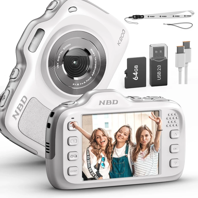 Digital Camera,64MP 4K Vlogging Cameras for Photography with 64GB Card,Portable Compact Point and Shoot Digital Camera for Teens Adult Beginner Student with 16X Zoom,Autofocus, Anti-Shake（White）
