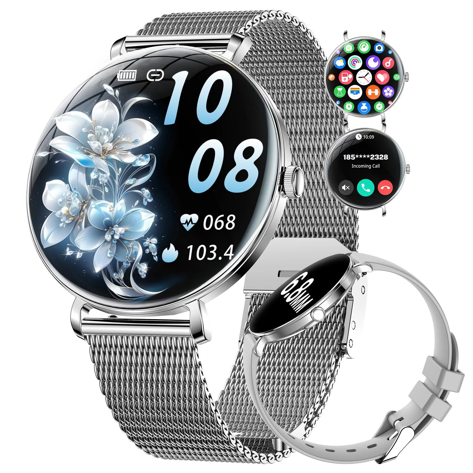 SUNKTA Smart Watch Women 6.8mm Ultra Thin Round 1.43" AMOLED for Android iOS Ladies Smartwatch Silver with Bluetooth Phone Calls,Pedometer/Calories/Heart Rate/Sleep/SpO2 Monitor,100+ Sports Modes