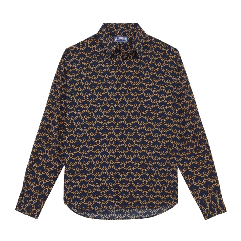 Vilebrequin, Cotton Voile Shirt Turtles Chains, L, Navy
