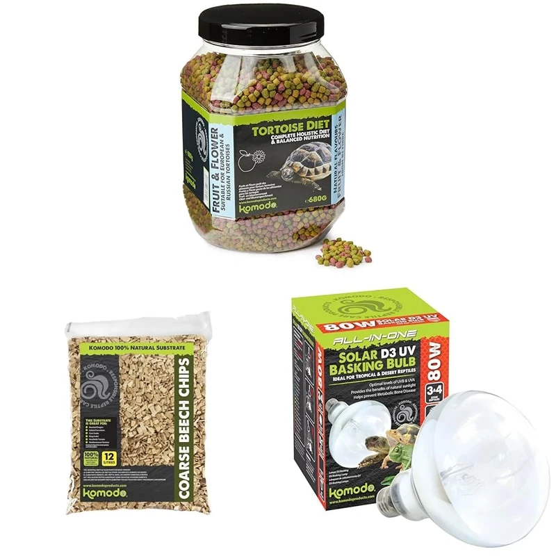 Komodo Tortoise Diet Fruit & Flower 680 g, Beech Chips Substrate 12 L (2.2 kg) & Solar D3 UV Basking Bulb 80 W – Tortoise Food, Bedding & Lighting Kit