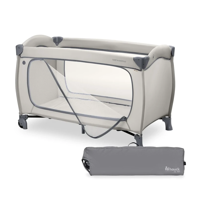 hauck Sleep N Easyfold, Dark Grey - BEBE Innovation Award Winner 2026 - Quick Fold Travel Cot from Birth to 15 kg, Inclusive Carry Bag & Folding Ground, Wheels & XL Zip Access, Breathable Mesh Sides