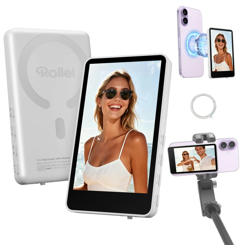 Rollei Easy Creator Selfie Monitor Mobile Phone Rear Camera Magnetic Vlog Screen Compatible with Smartphone iPhone and Android for TikTok Live Stream YouTube White Selfie Monitor Mobile Phone iPhone