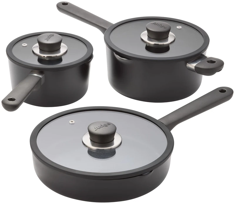 Judge Vista Ceramic 3-Piece Draining Saucepan Set – 16 & 20cm Draining Pans, 24cm Frypan with Glass Lids, Ceramic Non-Stick, Stay Cool Handles, Induction & Dishwasher Safe