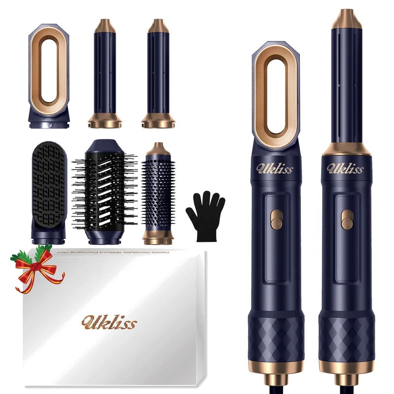 6 in 1 Hairstyler, UKLISS Hair Dryer Brush with Automatic Wrap Air Curler, Hair Straightener Brush, Thermal Brush, Hairdryer, Multistyler Hot Brush Gifts Set for Women Volume, Curls, Styling - Blue
