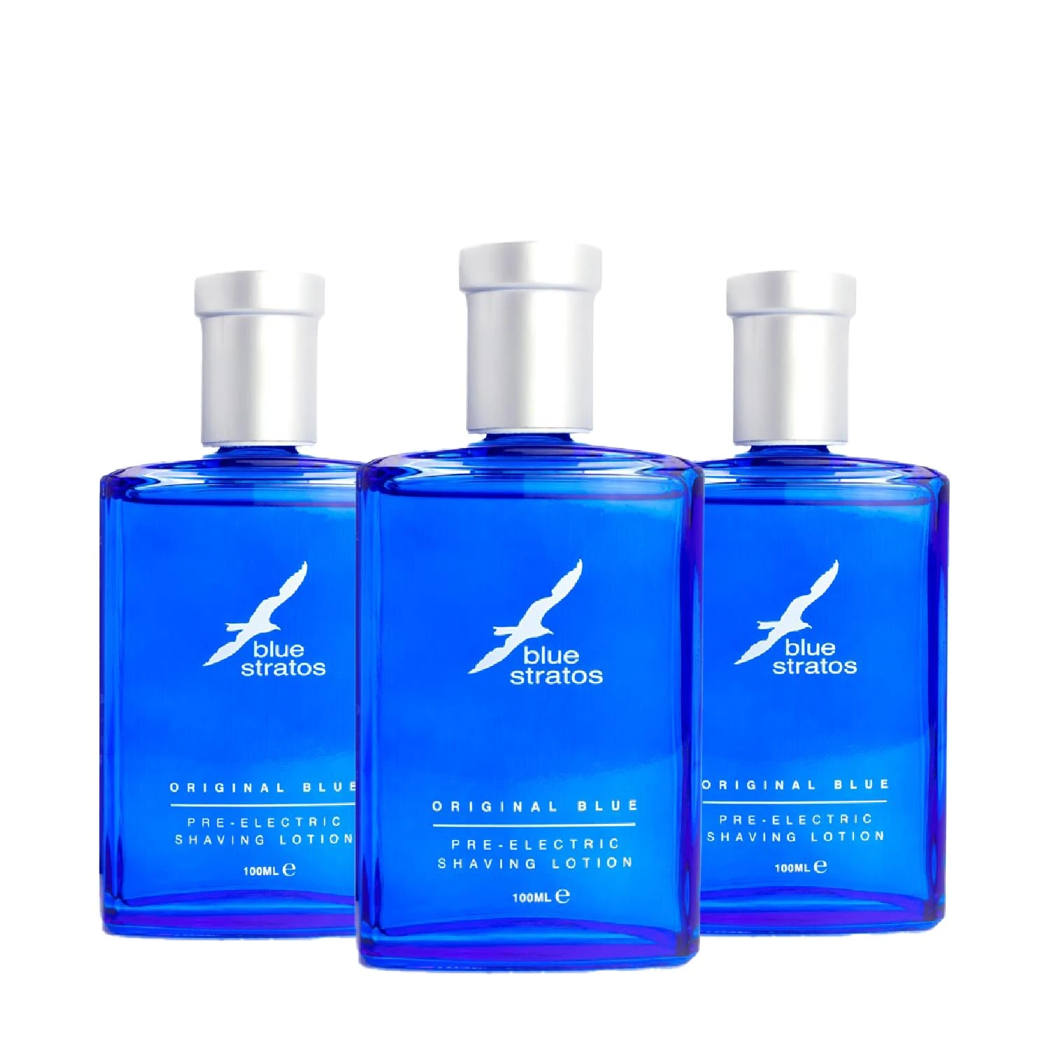Blue Stratos Pre-Electric Shave Lotion Multi-Pack, Original Blue for Men, Lifts Beard & Reduces Irritation, Cooling Effect, Classic Scent of Cedarwood, Vanilla, and Musk (3 PACK)