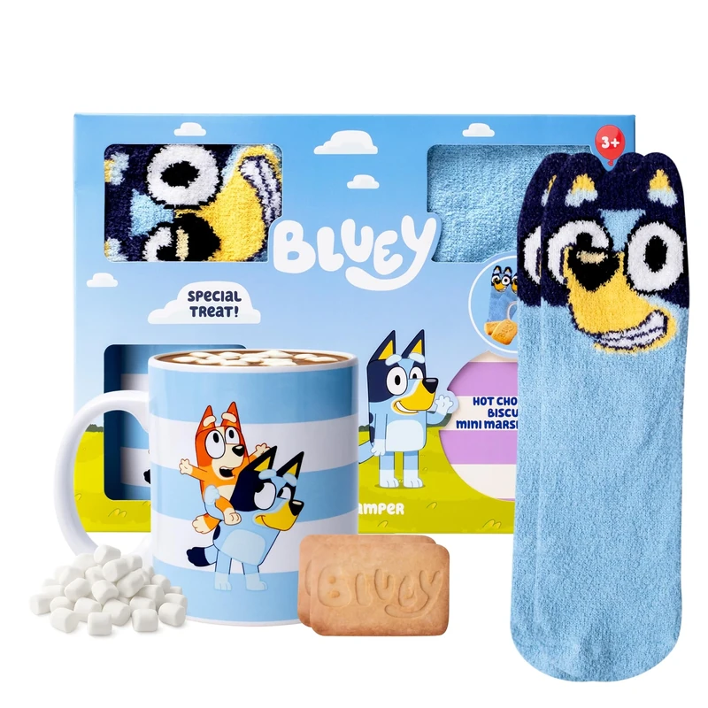 Bluey Cosy Hot Chocolate Hamper - Ceramic Mug, Fluffy Socks & Dairy Free Biscuits - Childrens Hot Chocolate Gift Set with Sachets, Marshmallows & Treats for Kids - Birthday Girls, Boys Bluey Gifts