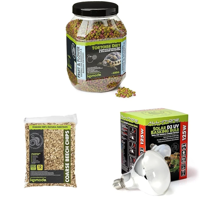 Komodo Tortoise Diet Fruit & Flower 680 g, Beech Chips Substrate 12 L (2.2 kg) & Solar D3 UV Basking Bulb 125 W – Tortoise Food, Bedding & Lighting Kit