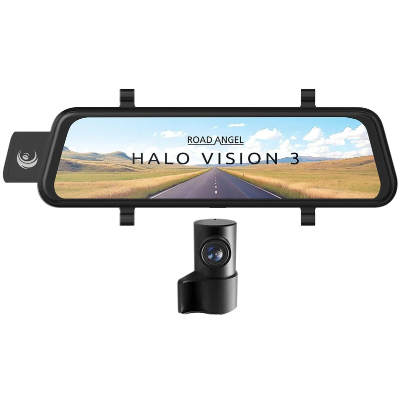 Road Angel Halo Vision 3 4K Mirror Dash Cam Front and Rear - Rear View Mirror Dash Cam with integrated 10 inch LCD touchscreen - Reversing Rearview Dashcam Camera
