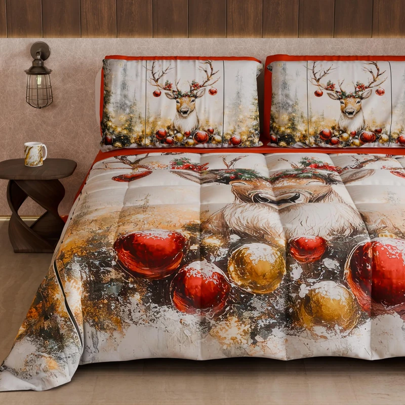 PETTI Artigiani Italiani - Winter Christmas Double Quilt, Christmas Double Duvet, Double-Sided Quilt with Solid Color and Reindeer Digital Print, Made in Italy - Image 1