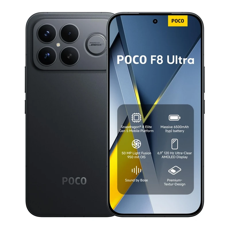 XIAOMI POCO F8 Ultra, Smartphone 12+256 GB, 6.9" 120Hz AMOLED Display, 50MP Light Fusion 950 with OIS, Sound by Bose, 6500mAh (typ) Battery, Black, Charger Not Included