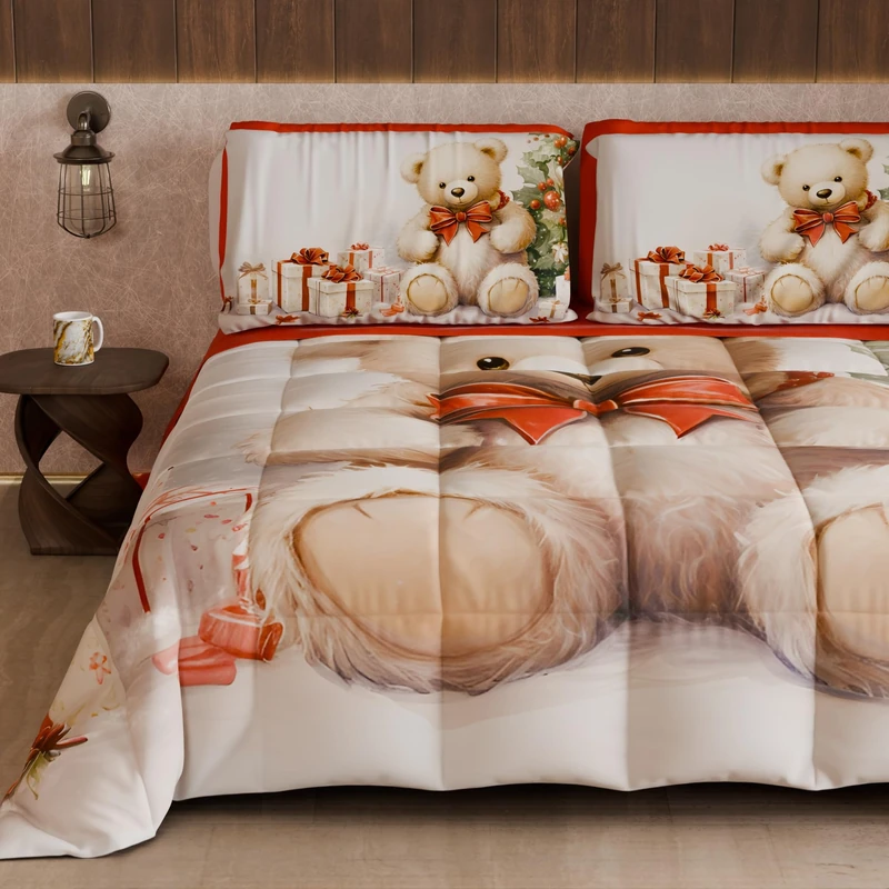 PETTI Artigiani Italiani - Winter Christmas Double Duvet, Double-Sided Quilt, Solid Color and Digital Print, Teddy Bear 1, Made in Italy