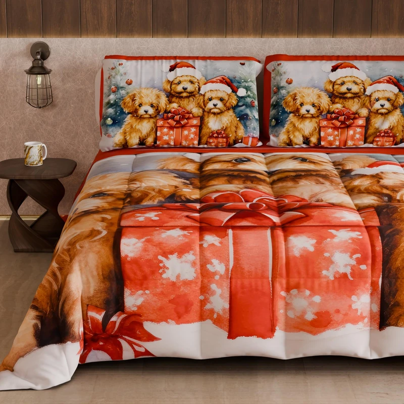 PETTI Artigiani Italiani - Winter Christmas Double Duvet, Double-Sided Quilt with Solid Color and Digital Dog Print, Made in Italy