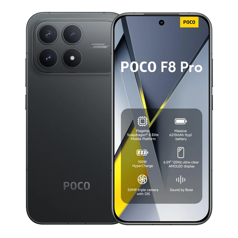 XIAOMI POCO F8 Pro, Smartphone 12+512 GB, 6.59" 120Hz AMOLED Display, 50MP Triple Camera 60mm Telephoto, Sound by Bose, 6210mAh (typ) Battery, Black, Charger Not Included