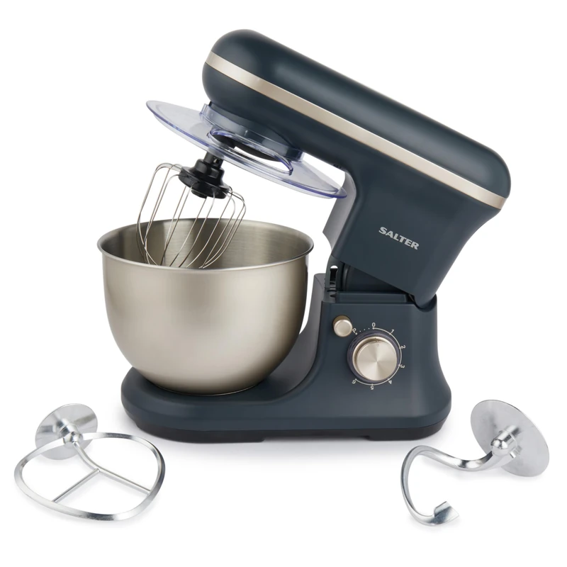 Salter Marino Stand Mixer - 1200W 6 Speeds Kitchen Mixer with Pulse, 5L Stainless Steel Mixing Bowl, Removable Splash Guard, Whisk, Dough Hook and Beater Accessory, Blue/Grey