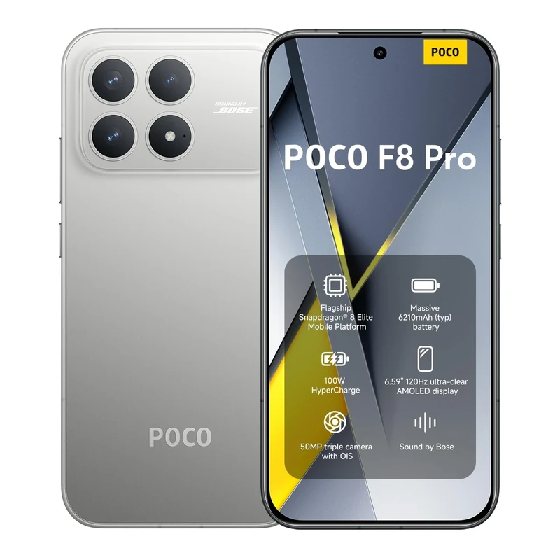 Xiaomi POCO F8 Pro, Smartphone 12+256 GB, 6.59" 120Hz AMOLED Display, 50MP Triple Camera 60mm Telephoto, Sound by Bose, 6210mAh (typ) Battery, Titanium, Charger Not Included