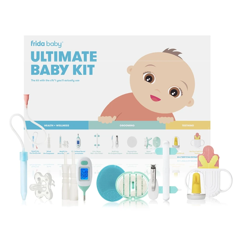 Frida Baby Ultimate Baby Kit | Baby Essentials Gift Set Includes Wellness Sick Day/Gas Relief Essentials, Grooming Tools & Teething Toys
