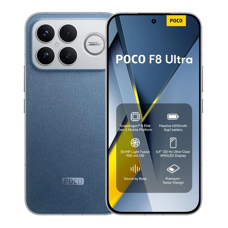 XIAOMI POCO F8 Ultra, Smartphone 16+512 GB, 6.9" 120Hz AMOLED Display, 50MP Light Fusion 950 with OIS, Sound by Bose, 6500mAh (typ) Battery, Denim Blue, Charger Not Included