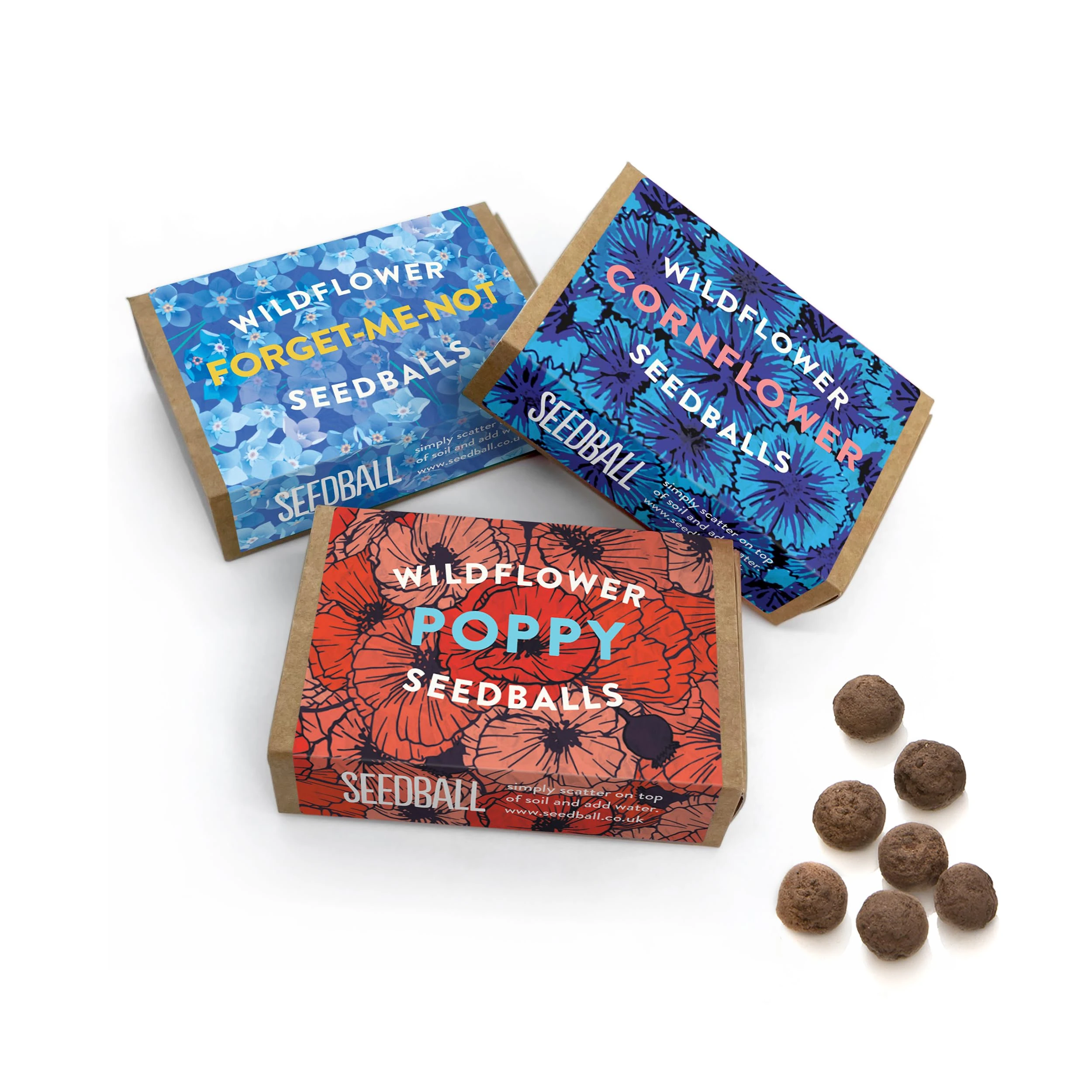 SEEDBALL Wildflower Seed Bombs Poppy, Cornflower & Forget-Me-Not Seeds Mix (Pack of 3, 6 Balls per Box) | Eco Friendly British Wild Flower Seed Mix - Gardening Gift for Bees, Birds & Garden Wildlife