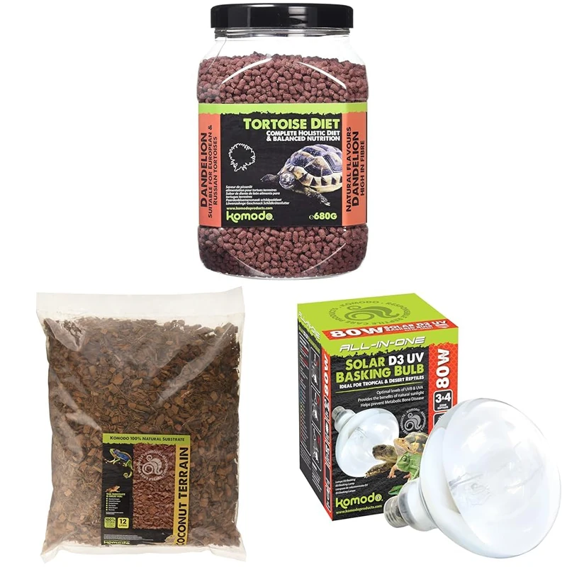 Komodo Tortoise Diet Dandelion 680g + Coconut Terrain 12L + Solar D3 UV Basking Bulb 80W | Complete Nutrition, Natural Substrate & UV Lighting for Reptiles