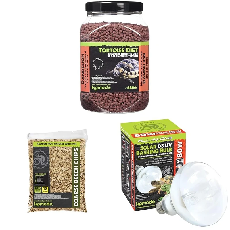 Komodo Tortoise Diet Dandelion 680g + Beech Chips 12L + Solar D3 UV Basking Bulb 80W | Balanced Food, Natural Substrate & Heat & UV Lighting for Reptiles