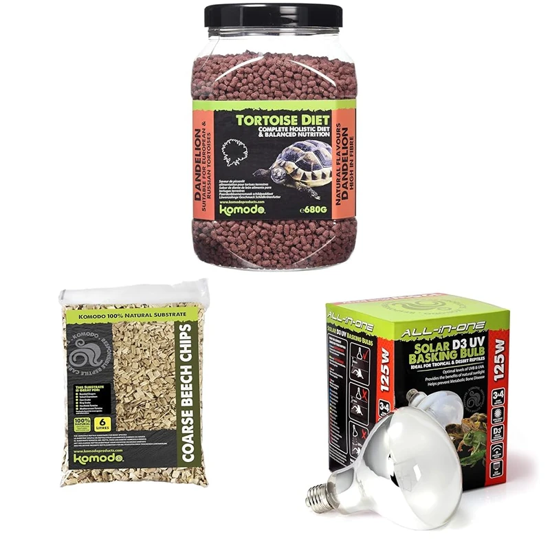 Komodo Tortoise Diet Dandelion 680g + Beech Chips 6L + Solar D3 UV Basking Bulb 125W | Balanced Food, Natural Substrate & Heat/UV Lighting for Reptile Habitats