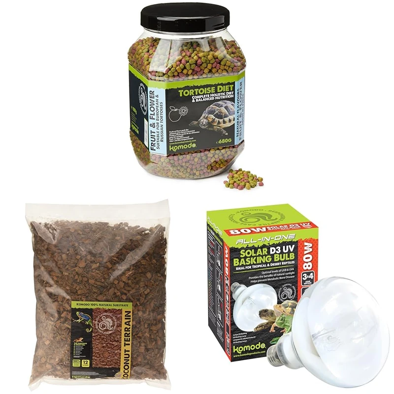 Komodo Tortoise Diet Fruit & Flower 680 g, Coconut Terrain 12 L & Solar D3 UV Basking Bulb 80 W – Tortoise Food, Substrate & Lighting Kit