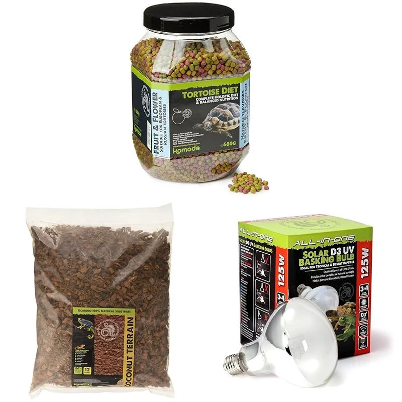 Komodo Tortoise Diet Fruit & Flower 680 g, Coconut Terrain 12 L & Solar D3 UV Basking Bulb 125 W – Tortoise Food, Substrate & Lighting Kit