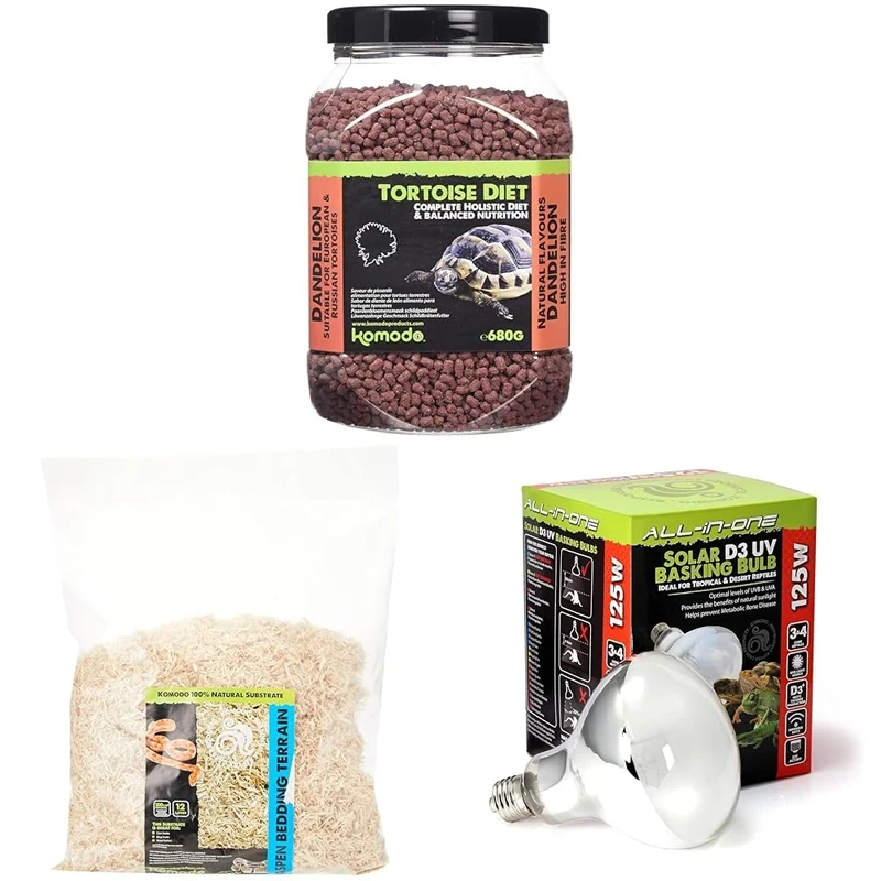 Komodo Complete Holistic Tortoise Diet Dandelion 680 g + Aspen Bed Terrain Substrate 12 Litre + Solar D3 UV Basking Bulb 125W
