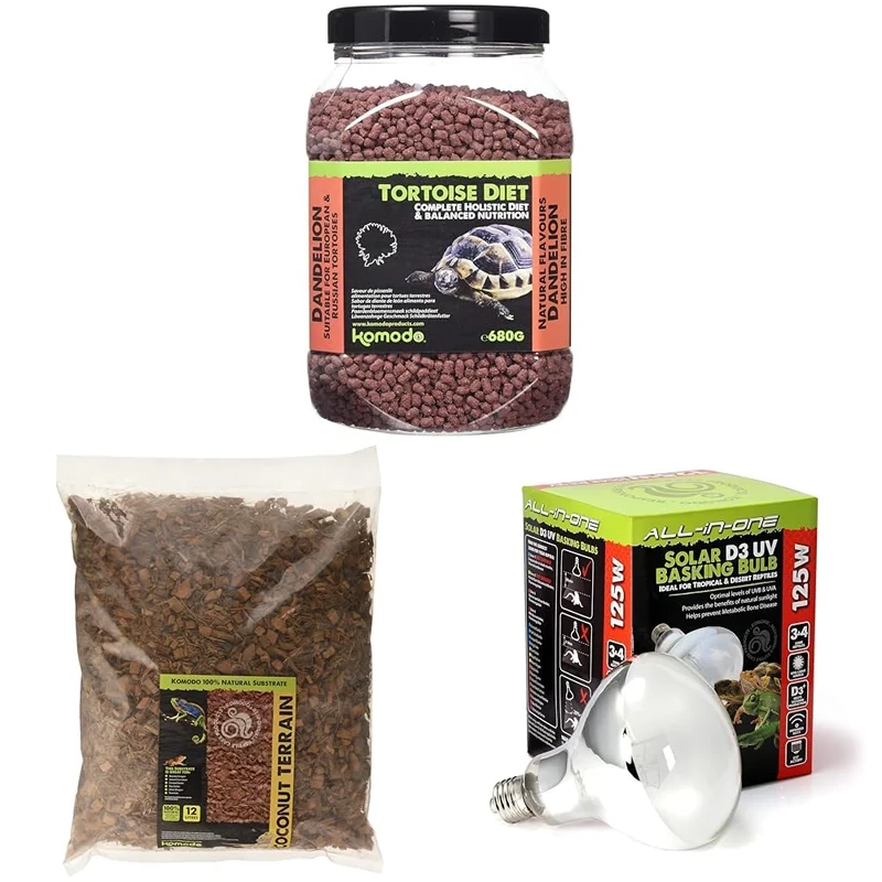 Komodo Tortoise Diet Dandelion 680g + Coconut Terrain 12L + Solar D3 UV Basking Bulb 125W | Complete Nutrition, Natural Substrate & UV Lighting for Reptiles