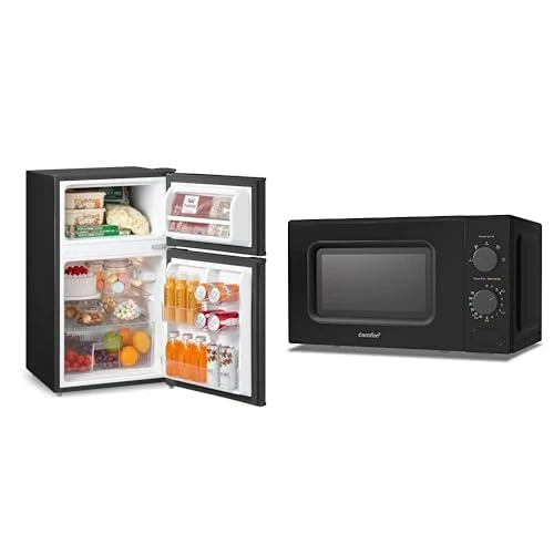 COMFEE' Set: Under Counter Fridge Freezer 87L + Compact Microwave Oven 700W 20L, Black
