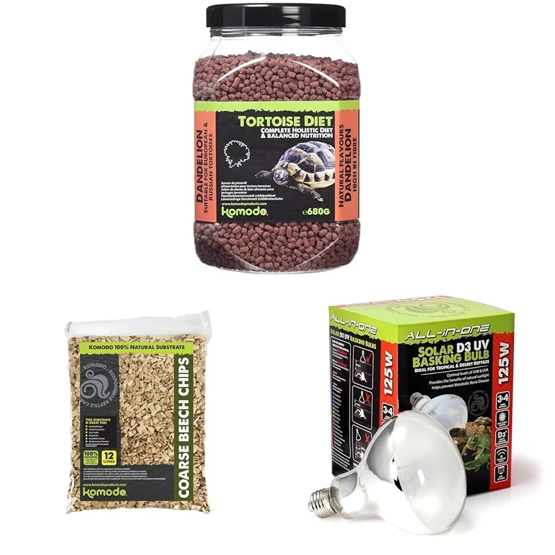 Komodo Tortoise Diet Dandelion 680g + Beech Chips 12L + Solar D3 UV Basking Bulb 125W | Balanced Food, Natural Substrate & Heat & UV Lighting for Reptiles