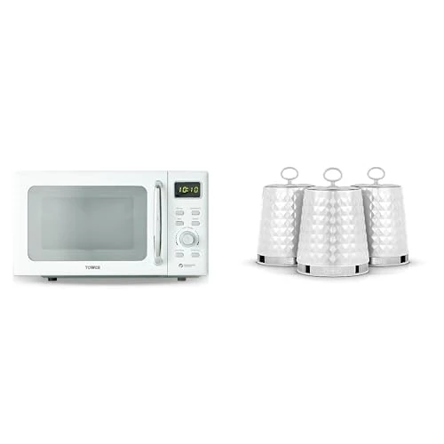 Tower Set: Digital Microwave 800W 20L + Set of 3 Stainless Steel Canisters, White & Chrome