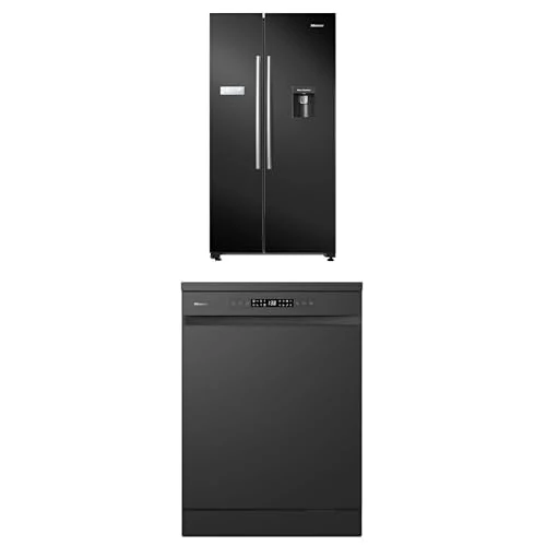 Hisense Set: American Fridge Freezer 578L + Dishwasher 85cm, Side-by-Side, Non-Plumbed Water Dispenser, Black, E Rated
