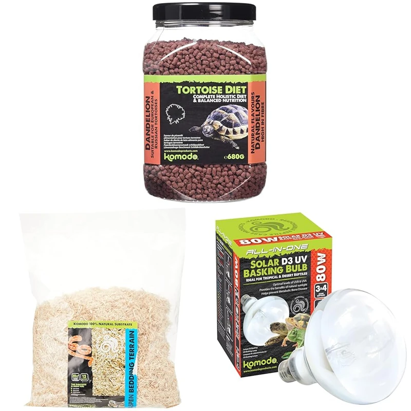 Komodo Complete Holistic Tortoise Diet Dandelion 680 g + Aspen Bed Terrain Substrate 12 Litre + Solar D3 UV Basking Bulb 80W