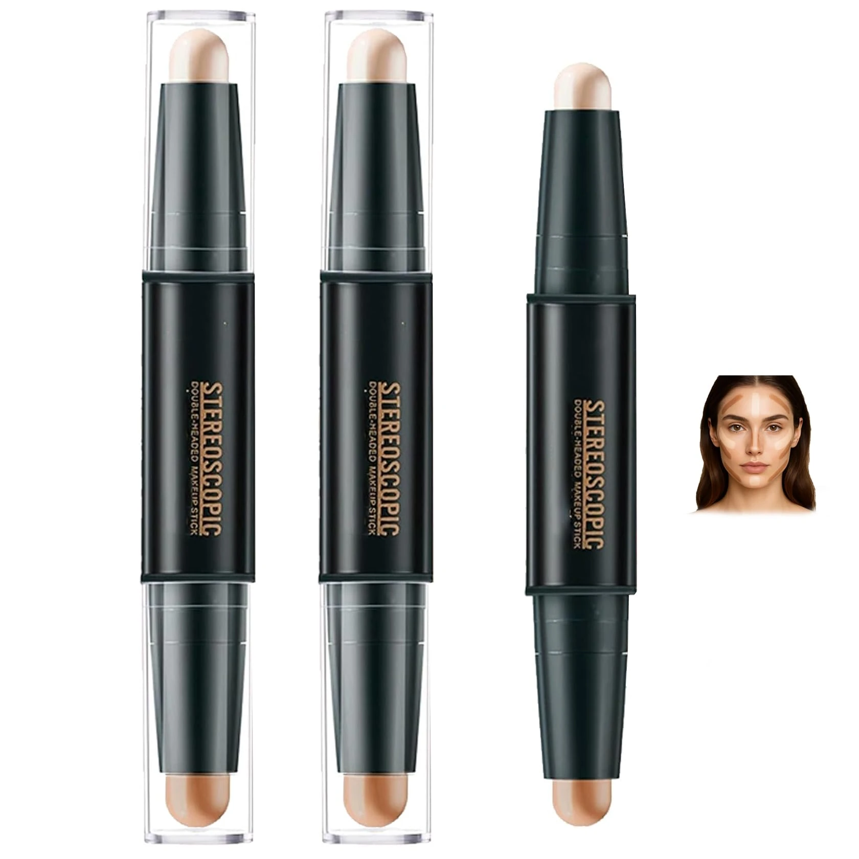 2PCS Multi-Use Contour & Highlight Stick – Dual-Ended 2-in-1 Waterproof Makeup for Face, Nose & Jawline Sculpting, Lightweight Blendable Long-Lasting Natural Glow (2PCS*01#)