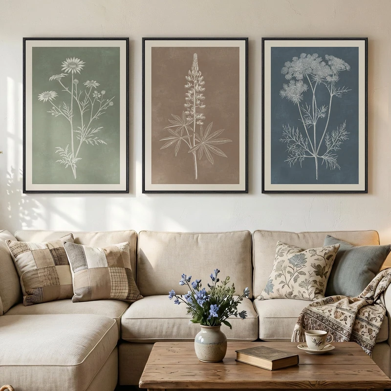 Large Framed Boho Botanical Wall Art for Living Room, 3 Piece Vintage Neutral Floral Canvas Painting Prints, Rustic Minimalist Flower Plants Pictures for Farmhouse Bedroom Office Wall Decor, 24x36 In