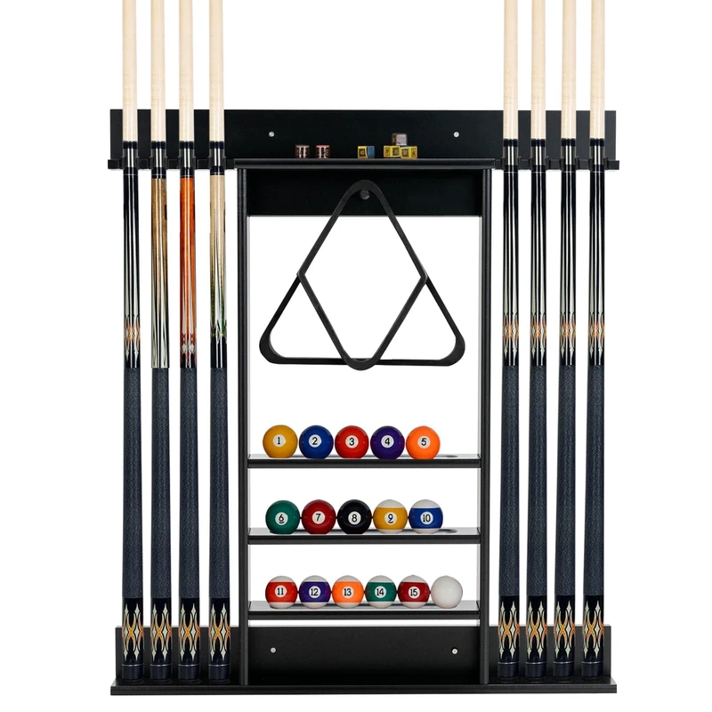 FANTASK Billiard Cue Holder for 8 Cues & Billiard Accessories, Billiard Stand Wall Mounted, 3-Tier Billiard Cue Stand for Bars, Clubs, Playroom (Black)