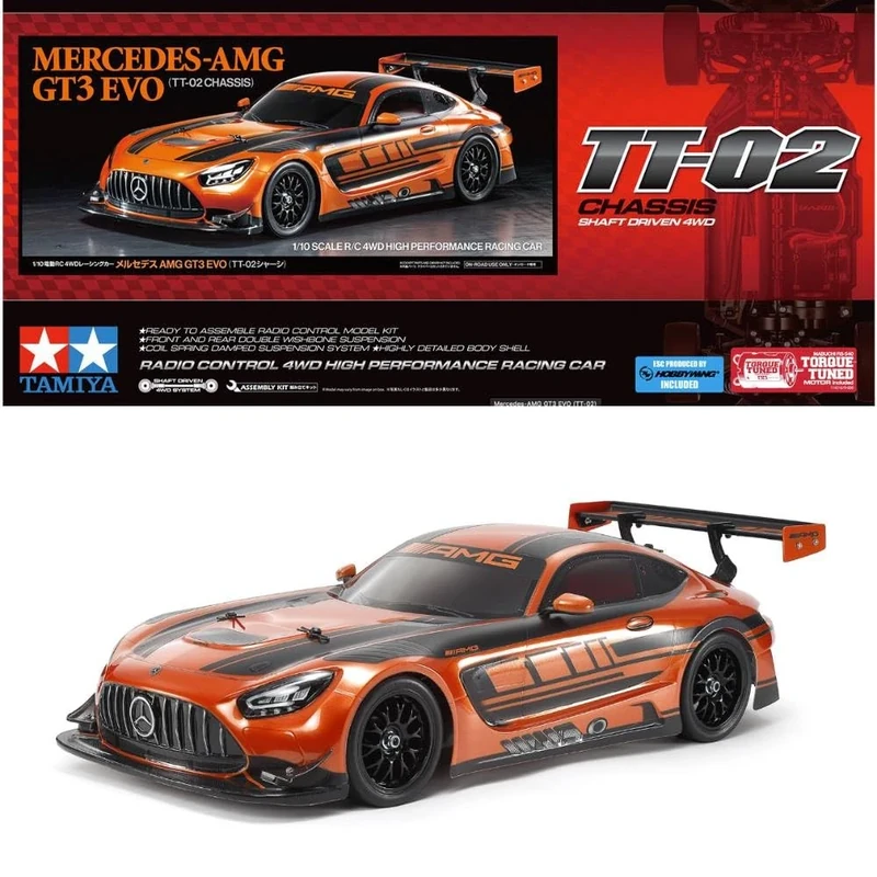 Tamiya 58750 1:10 RC Mercedes-AMG GT3 EVO TT-02 Remote Control Car, Vehicle, Model Building, Assembly, Hobby, RC Kit, Unpainted