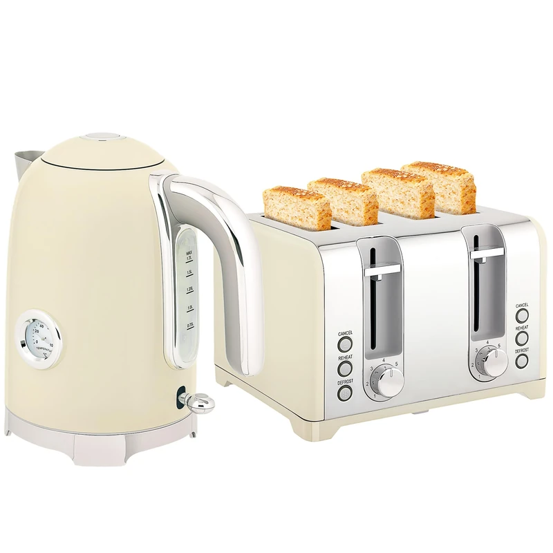 HOMCOM Retro Kettle and Toaster Set with Temp Display, 1.7L 3000W Rapid Boil Stainless Steel Jug Kettle with Thermostat Limescale Filter 4 Slice Toaster with 7 Browning Controls Crumb Tray, Cream