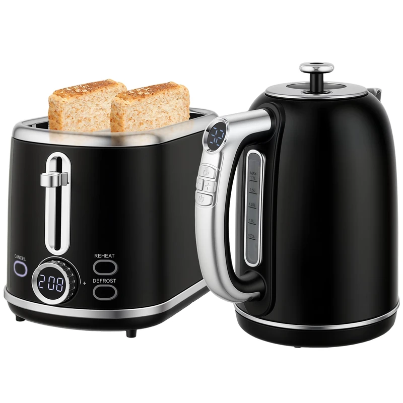 HOMCOM Digital Kettle and Toaster Set with LED Screen, 1.7L 3000W Kettle with 3Hr Keep Warm Memory Function & 12 Temperatures Control, 2 Slice Toaster with 6 Browning Controls, Crumb Tray, Black