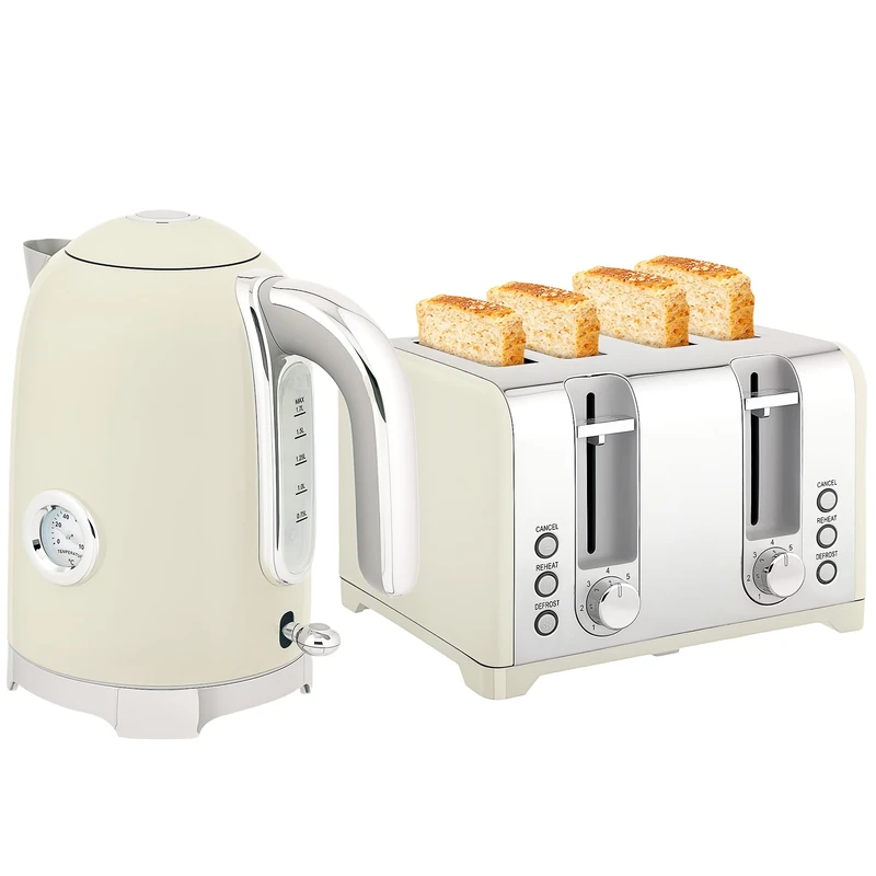 HOMCOM Retro Kettle and Toaster Set with Temp Display, 1.7L 3000W Rapid Boil Stainless Steel Jug Kettle with Thermostat Limescale Filter 4 Slice Toaster with 7 Browning Controls Crumb Tray, Grey