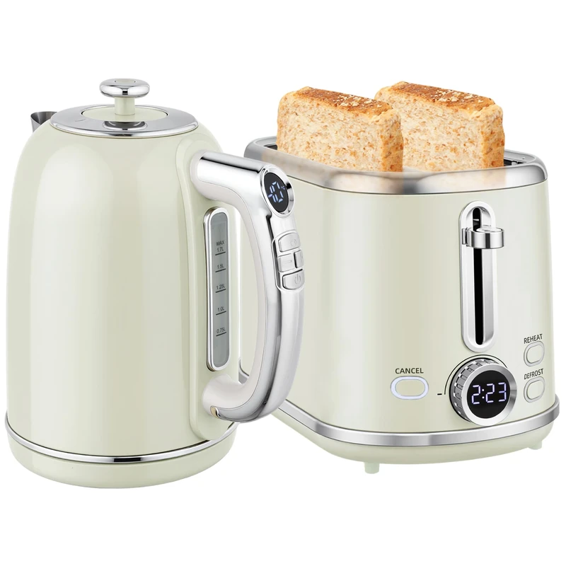 HOMCOM Digital Kettle and Toaster Set with LED Screen, 1.7L 3000W Kettle with 3Hr Keep Warm Memory Function & 12 Temperatures Control, 2 Slice Toaster with 6 Browning Controls, Crumb Tray, Grey