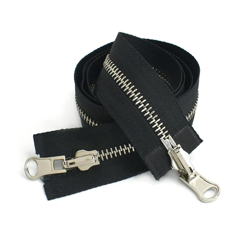 2Pc 70-100cm Double Sided Zippers Open End Two Way Rotary Slider Zip for Jacket Coat Clothes DIY Sewing Accessories(BlackSilver,80cm,5#)