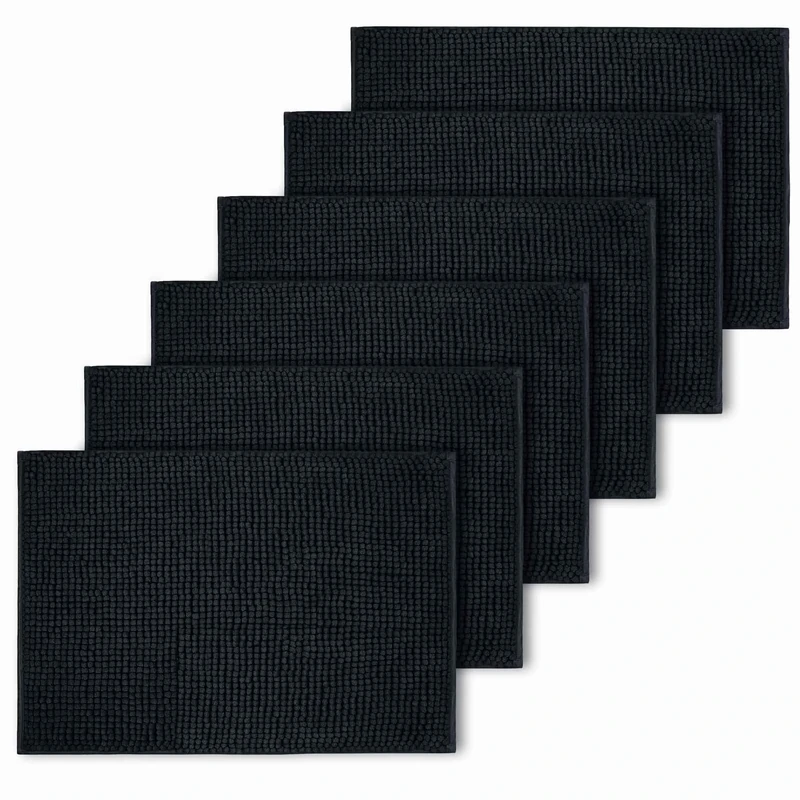 BedLooms Black Bath Mat Non Slip Anti Mould (6 pack) - Machine Washable Bath Mats 50x80cm Chenille Bathroom Mat Super Absorbent Extra Soft Fluffy Shower Mat