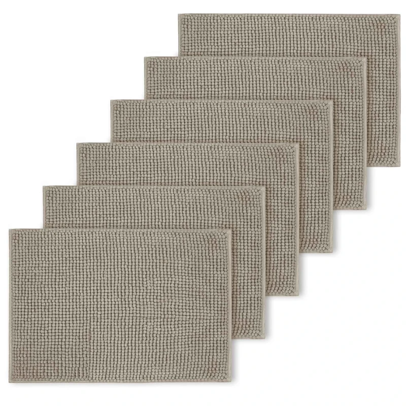 BedLooms Khaki Bath Mat Non Slip Anti Mould (6 pack) - Machine Washable Bath Mats 50x80cm Chenille Bathroom Mat Super Absorbent Extra Soft Fluffy Shower Mat