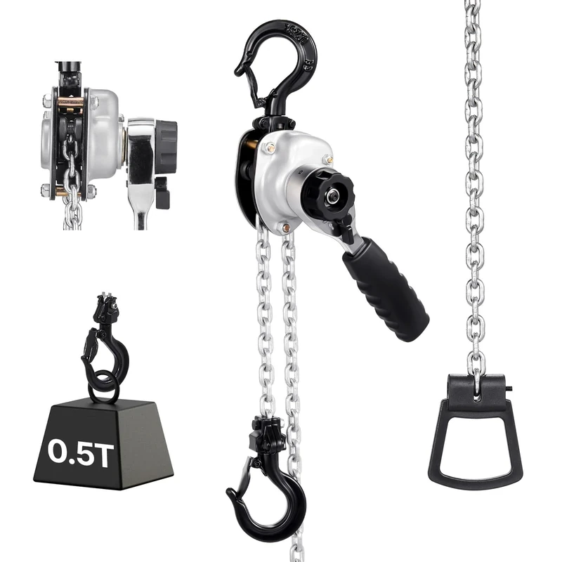 VEVOR Manual Lever Chain Hoist, 1/2T 500KG Capacity Heavy Duty Come Along, 3M Lift G80 Alloy Steel Chain With Dual Pawl Mechanical Brake, 360° Rotating Hooks, for Warehouse Construction Garage